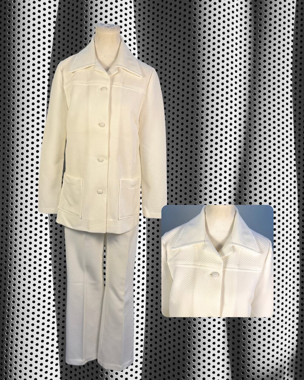 Vintage 70s Groovy White Waffle Knit Dagger Collar Blazer Flare Pants Set M/L